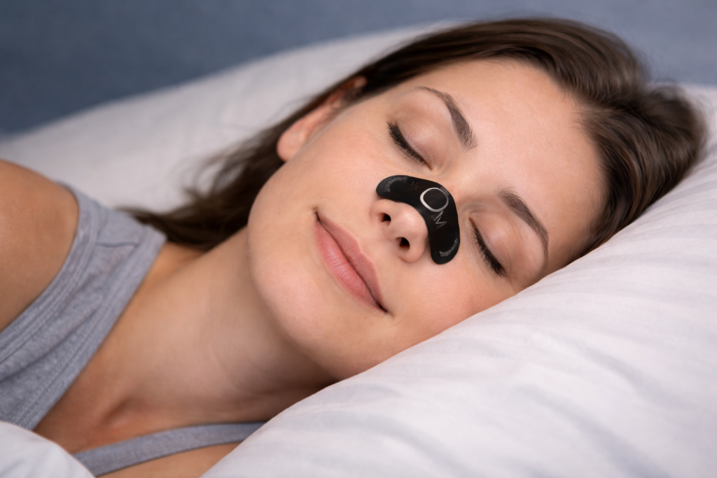 Mujer descansando con tiras nasales