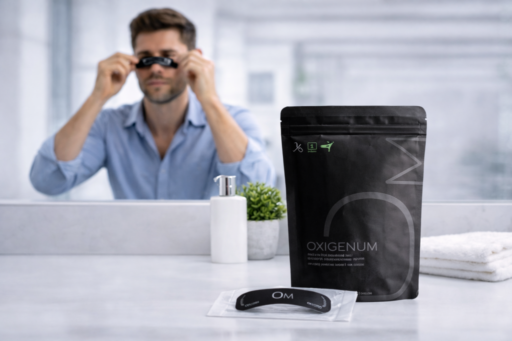 Aplicando tira nasal Oxigenum en baño